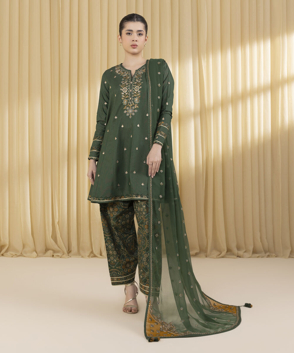 Unstitched Women's Green Zari Lawn 3 Piece Suit