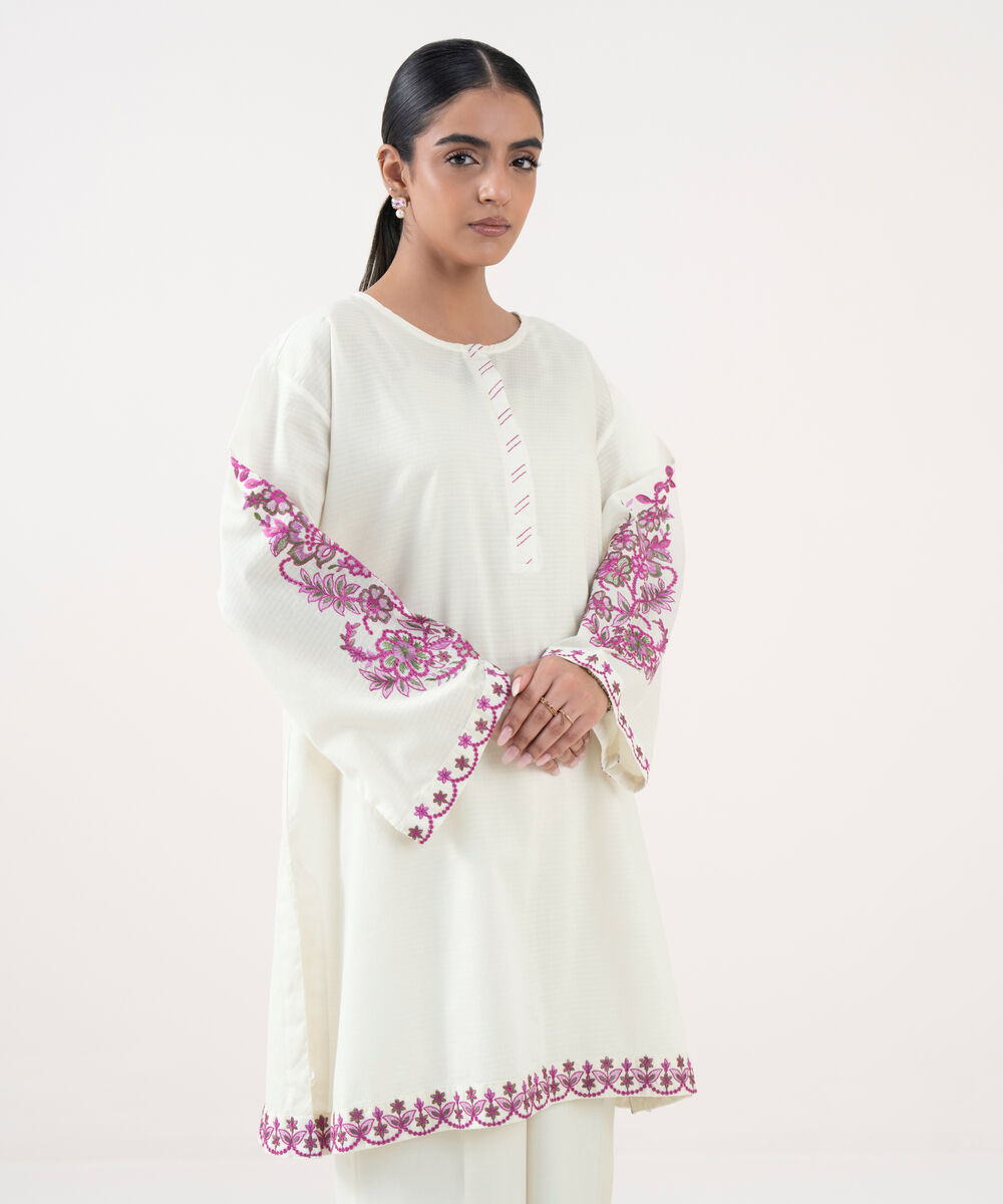Women's RTW Textured Lawn Off White Embroidered Drop Shoulder Shirt