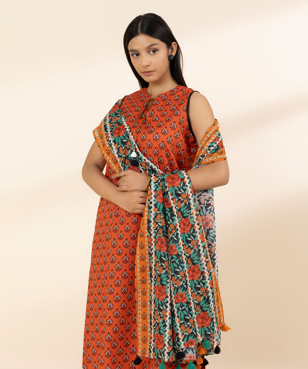 Women's Unstitched Lawn Printed Red 3 Piece Suit