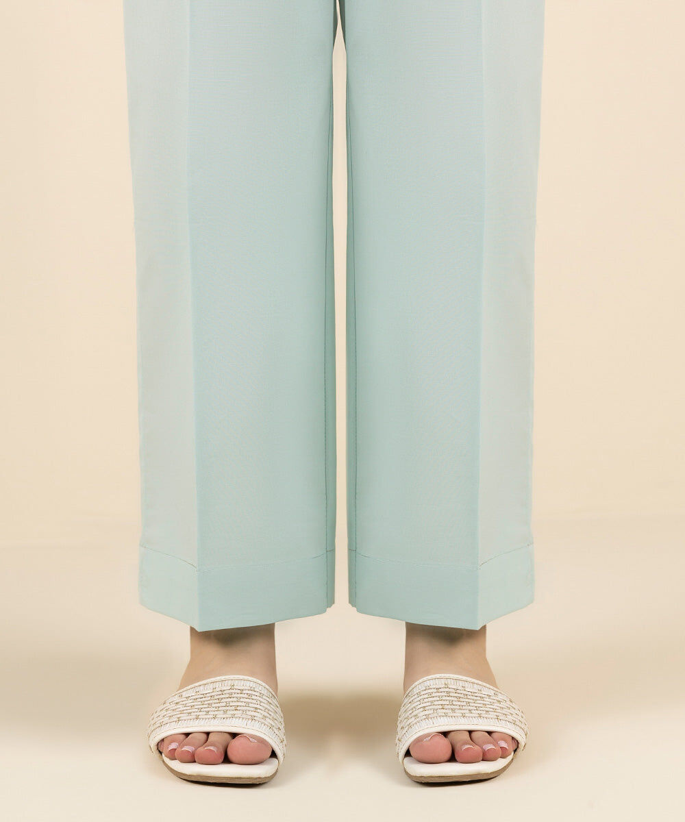 Woman - Blue Solid Cambric Straight Pants
