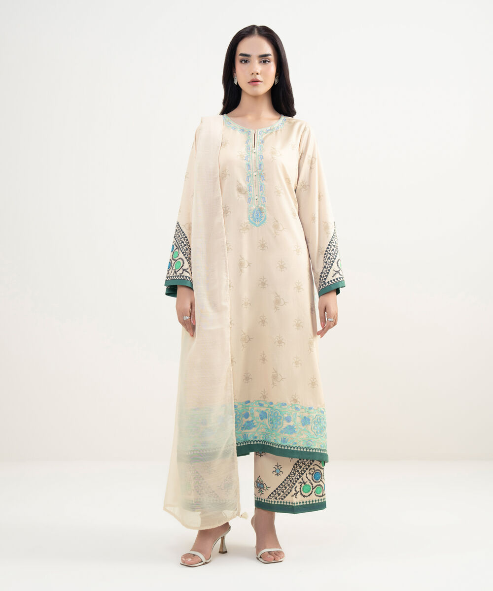 Women's RTW Cotton Satin Embroidered Off White A-Line Shirt