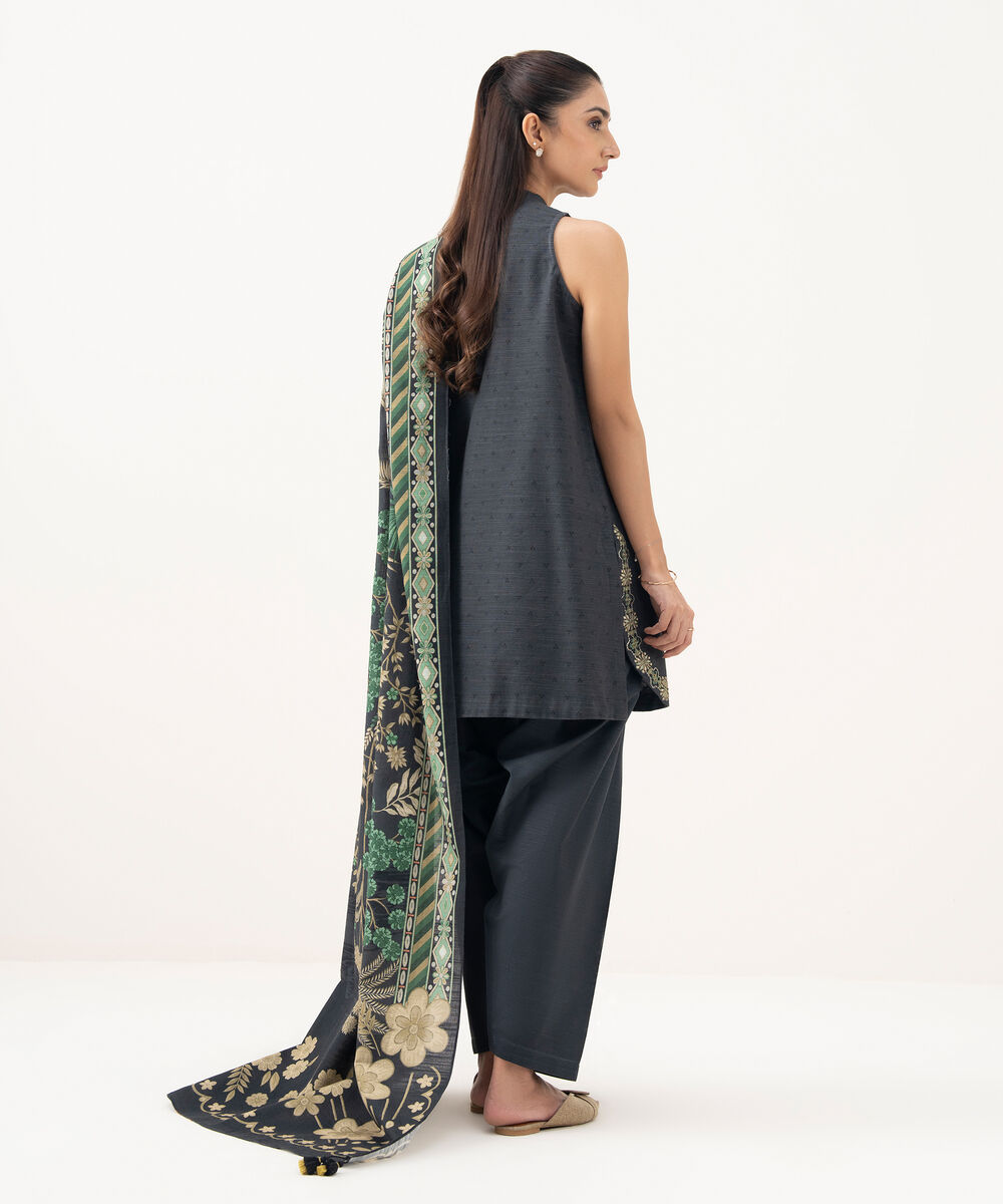 Women's Unstitched Khaddar Embroidered Grey 3 Piece Suit