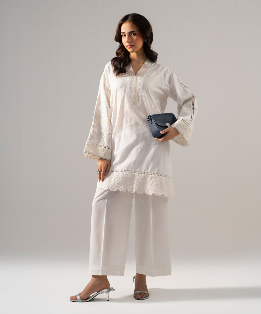 Women's RTW Self Jacquard Solid Embroidered Off White 2 Piece Suit