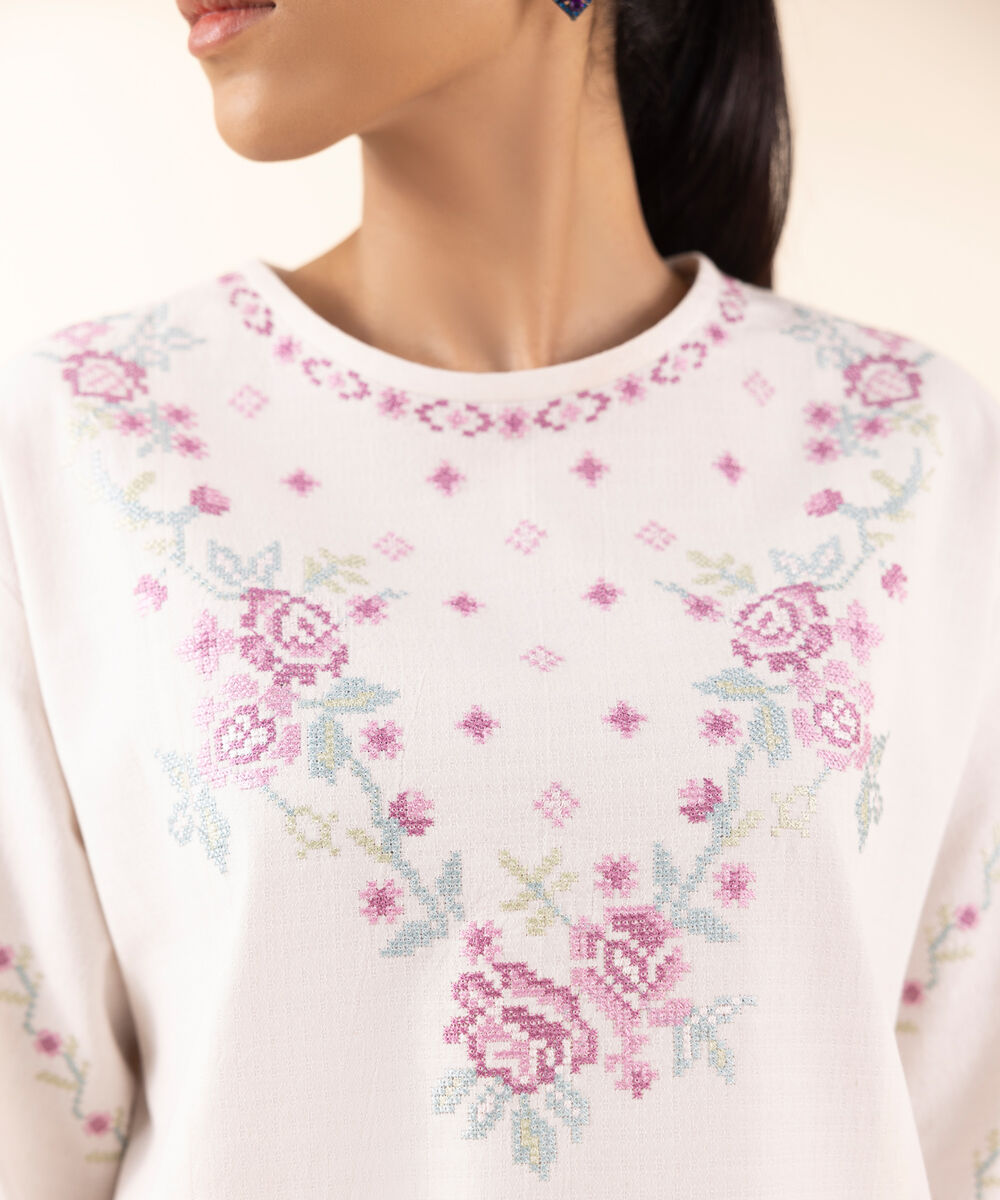 Women's Unstitched Dobby Embroidered Off White 3 Piece Suit