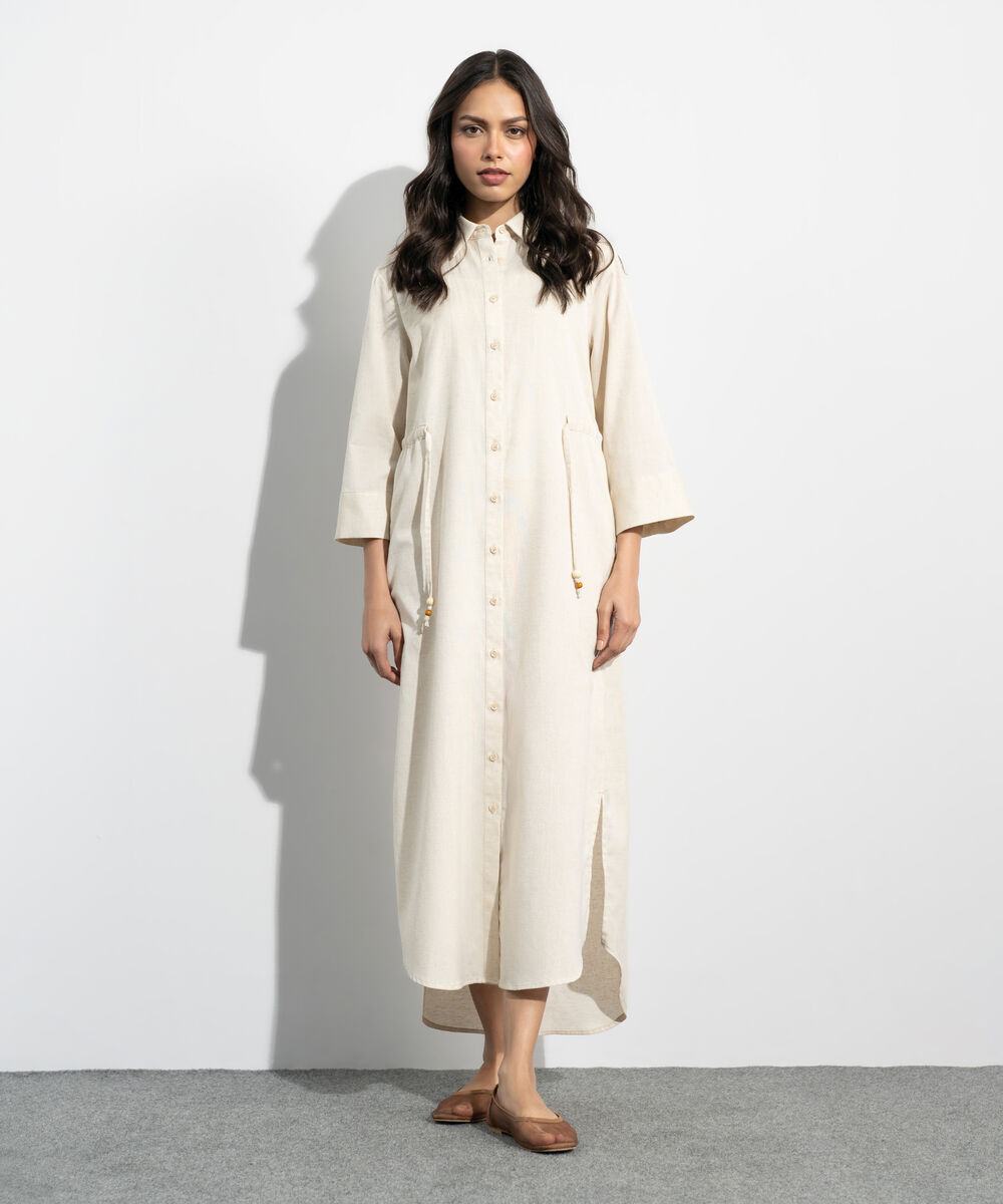 Women's Western Beige Linen Blend Dress With Waist Drawcord