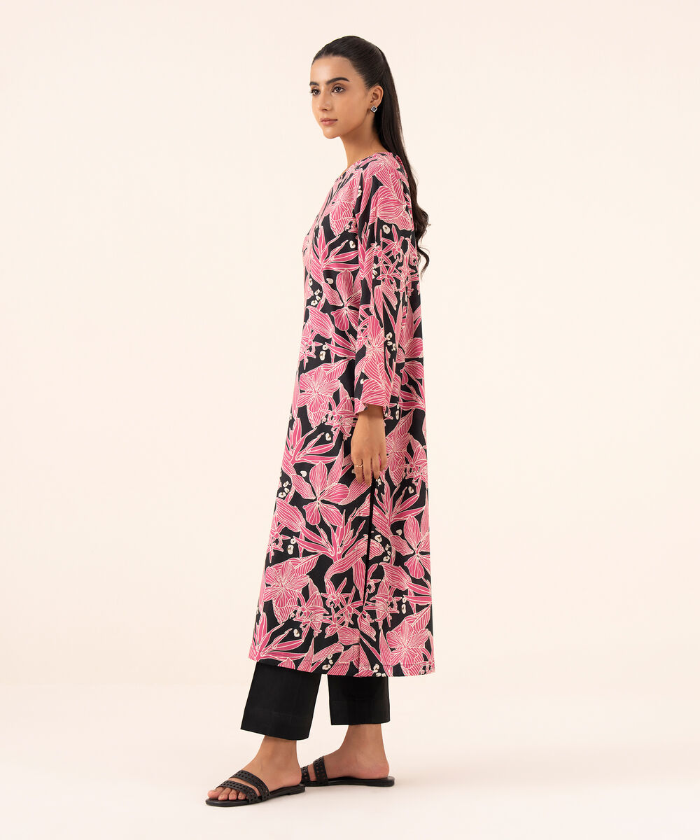 Women's RTW Viscose Lawn Salmon Pink Printed Straight Shirt