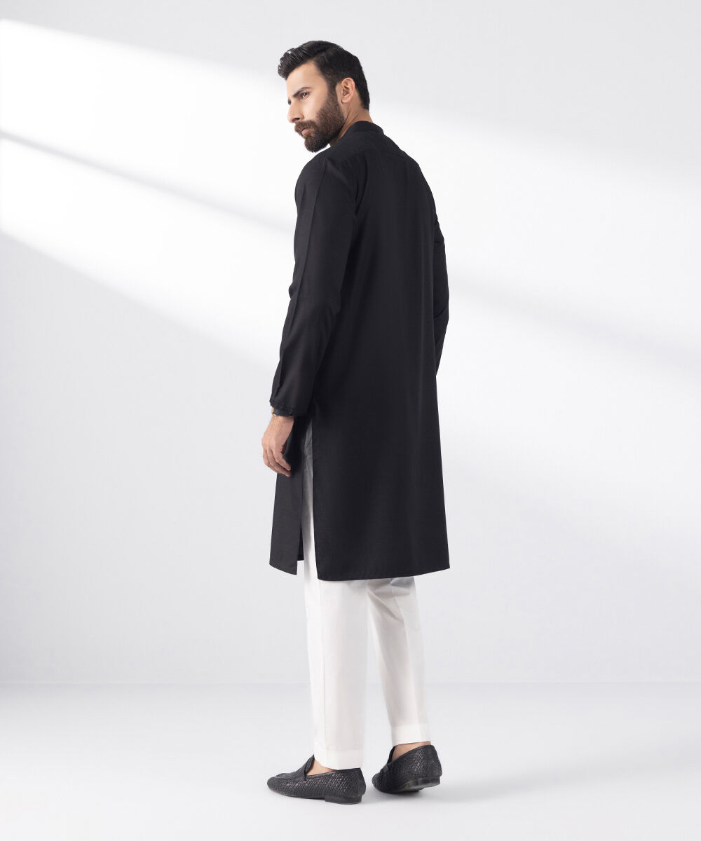Men's Stitched Kurta Black Embroidered Jacquard Kurta
