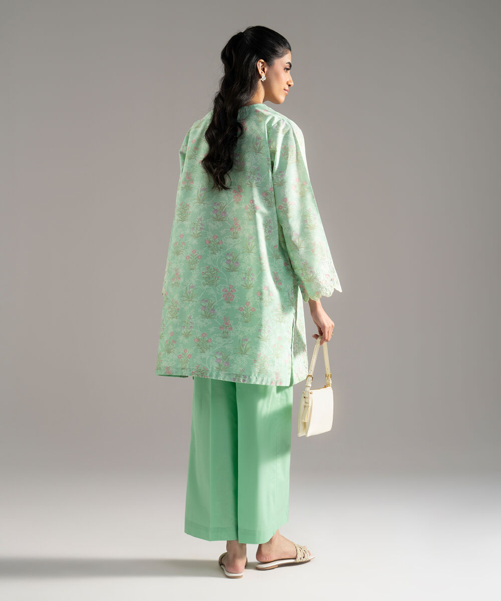 Women's RTW Cotton Viscose Printed Embroidered Green 2 Piece Suit