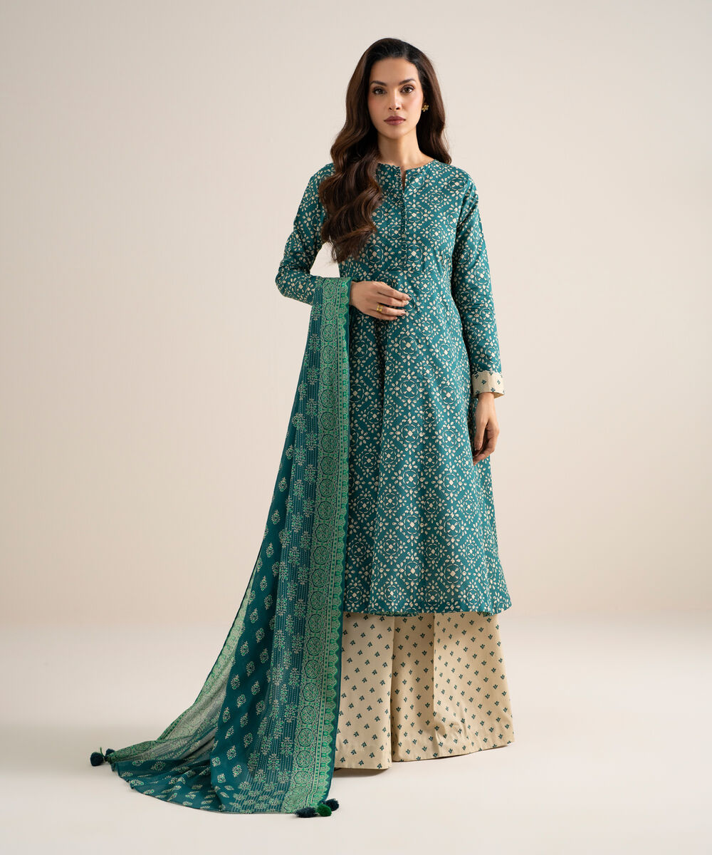 Women's Unstitched Lawn Printed Teal Green 3 Piece Suit