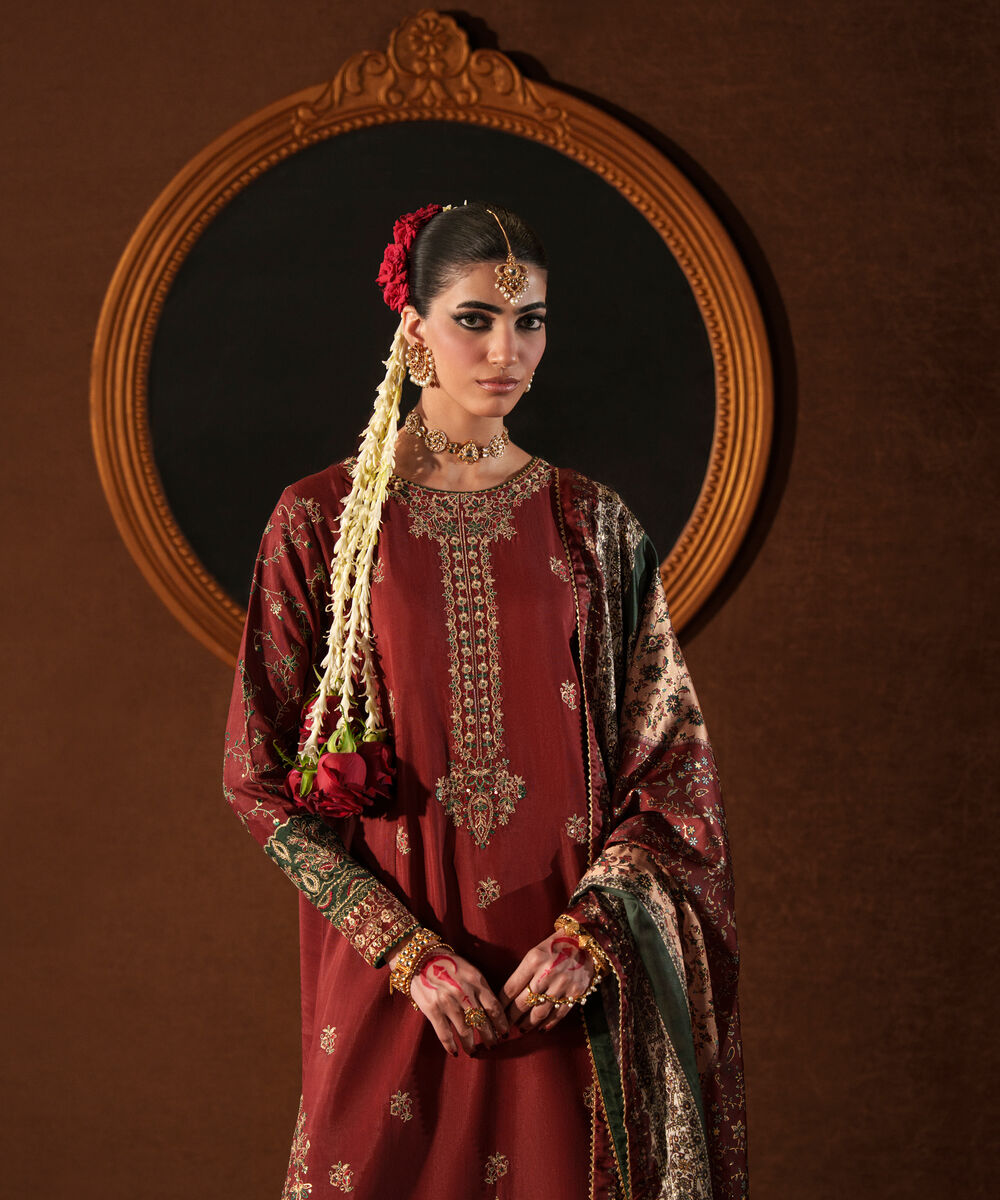 Women's Unstitched Embroidered Blended Raw Silk Red 3 Piece Suit