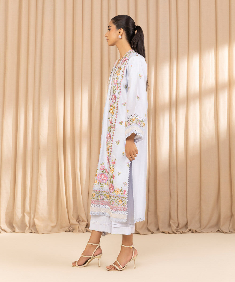 Unstitched Women's Embroidered Cotton Net Blue Three Piece Suit