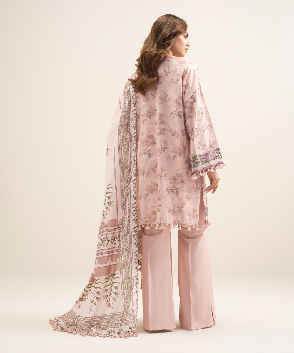 Women's Unstitched Textured Cotton Viscose Embroidered Pink 3 Piece Suit