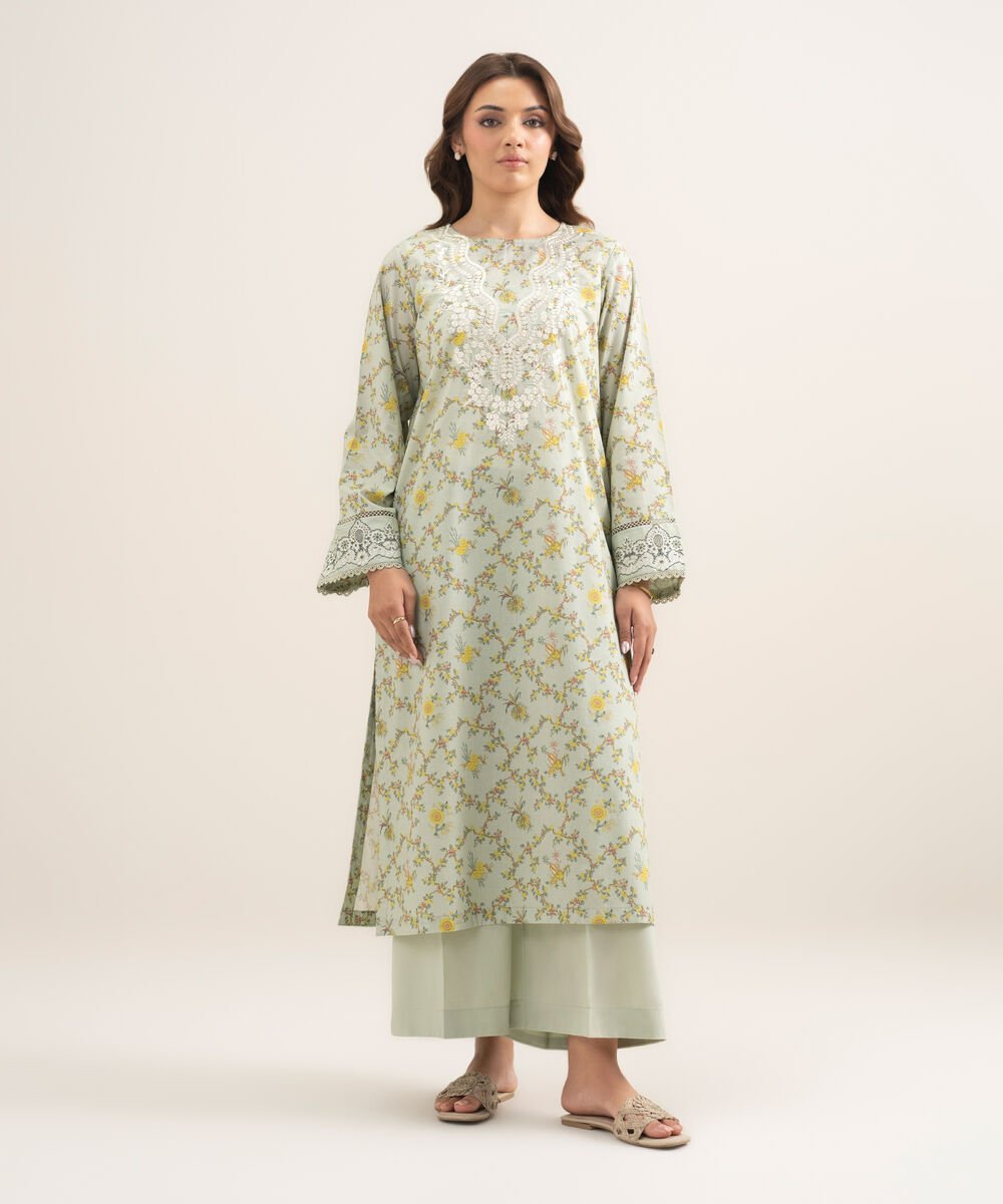 Women's RTW Lawn Embroidered Green A-Line Shirt