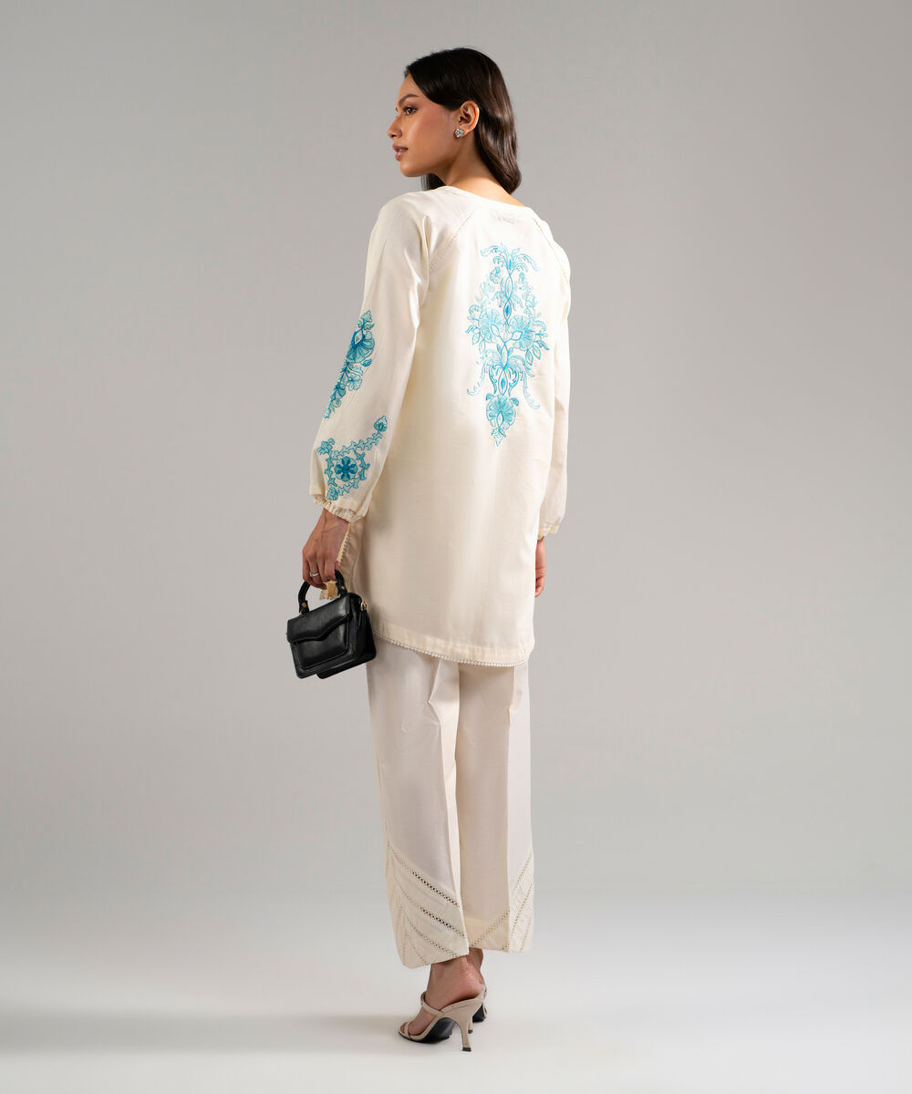 Women's RTW Dobby Embroidered Off White Straight Shirt