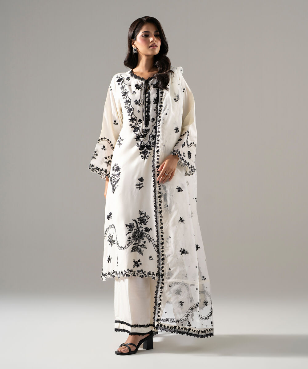 Women's RTW Raw Silk Solid Embroidered Off White 3 Piece Suit