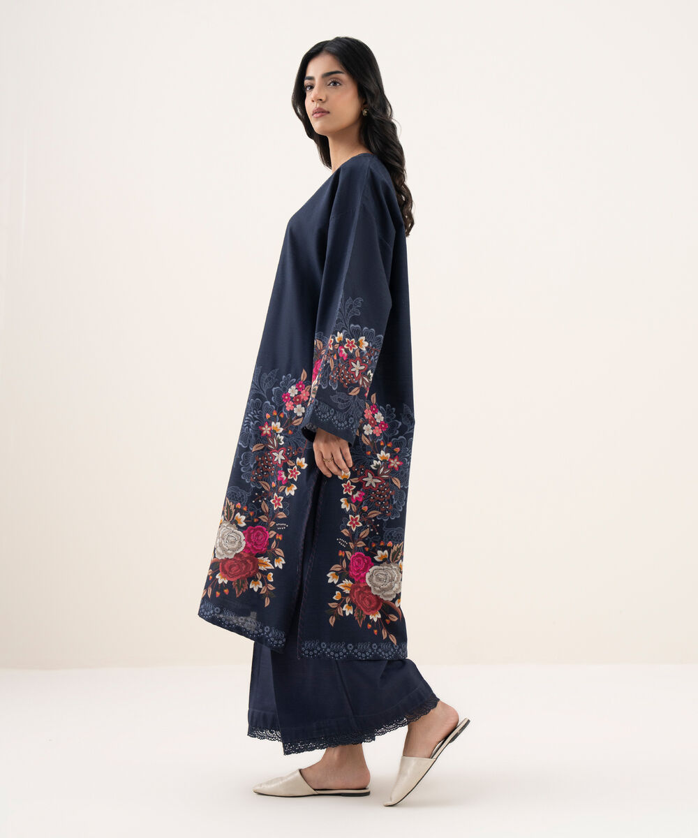 Women's RTW Khaddar Printed A-Line Blue Shirt