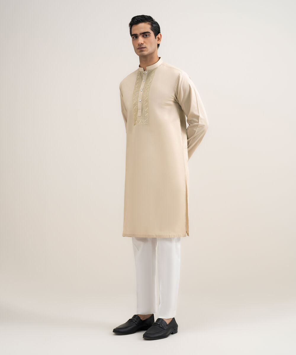 Men's Stitched Cotton Beige Kurta