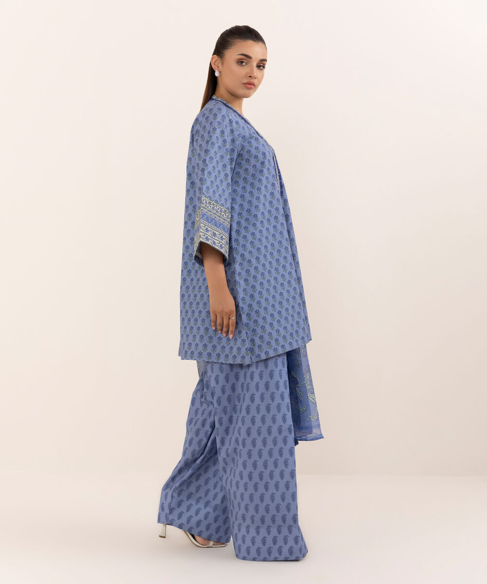 Women's Unstitched Cotton Printed Purple Three Piece Suit