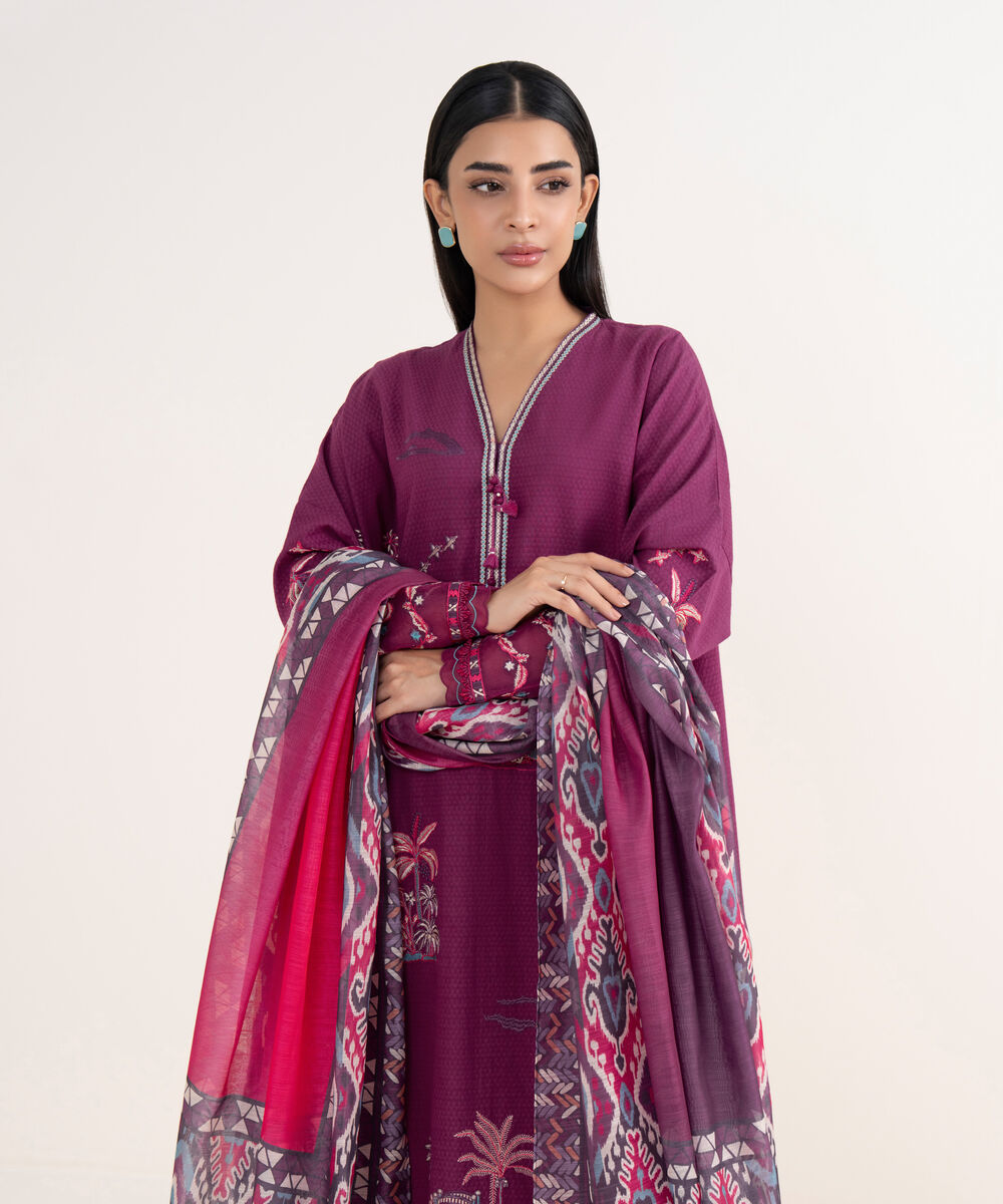 Women's Unstitched Dobby Embroidered Purple 3 Piece Suit