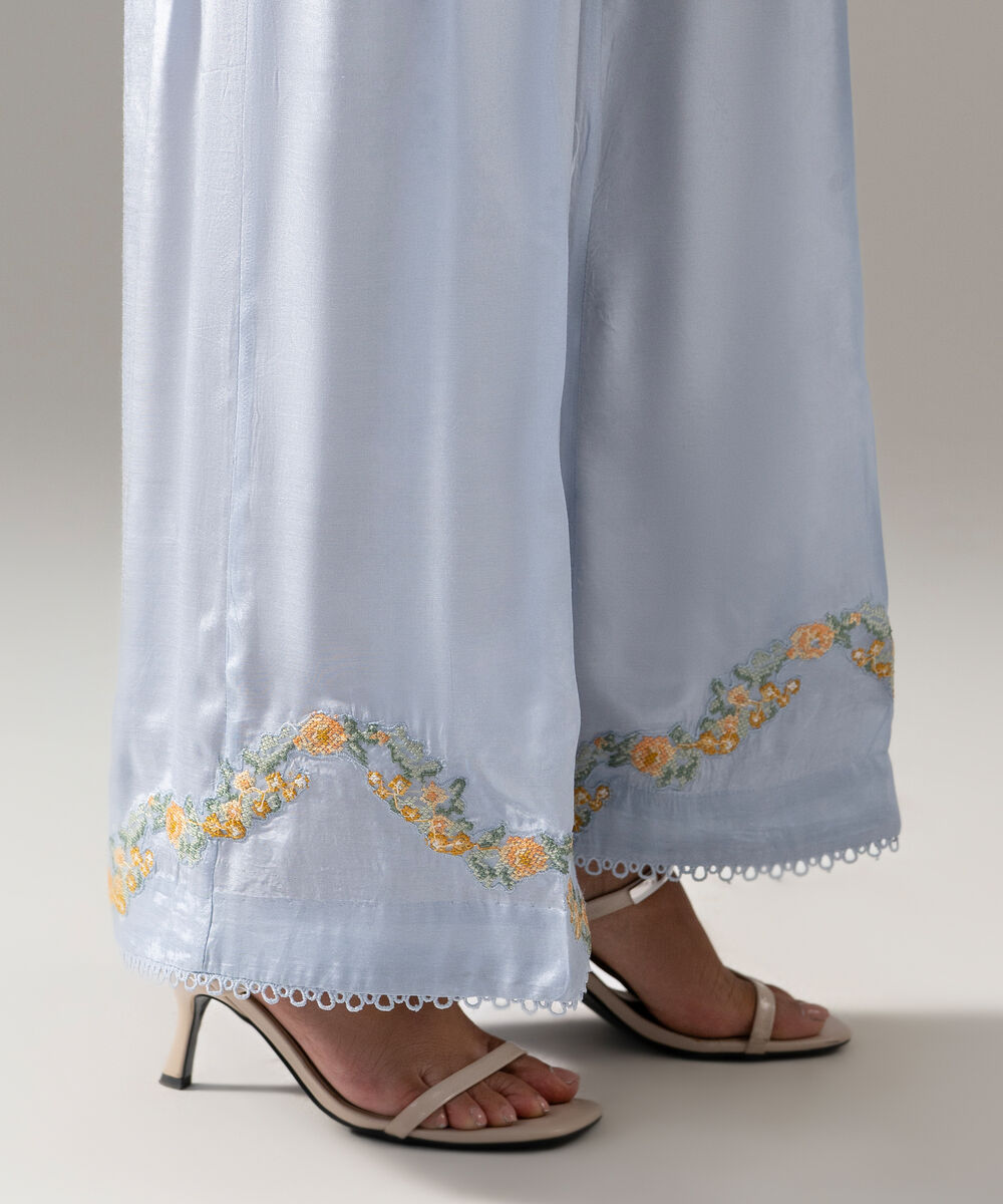 Women's RTW Thai Silk Solid Embroidered Blue 2 Piece Suit