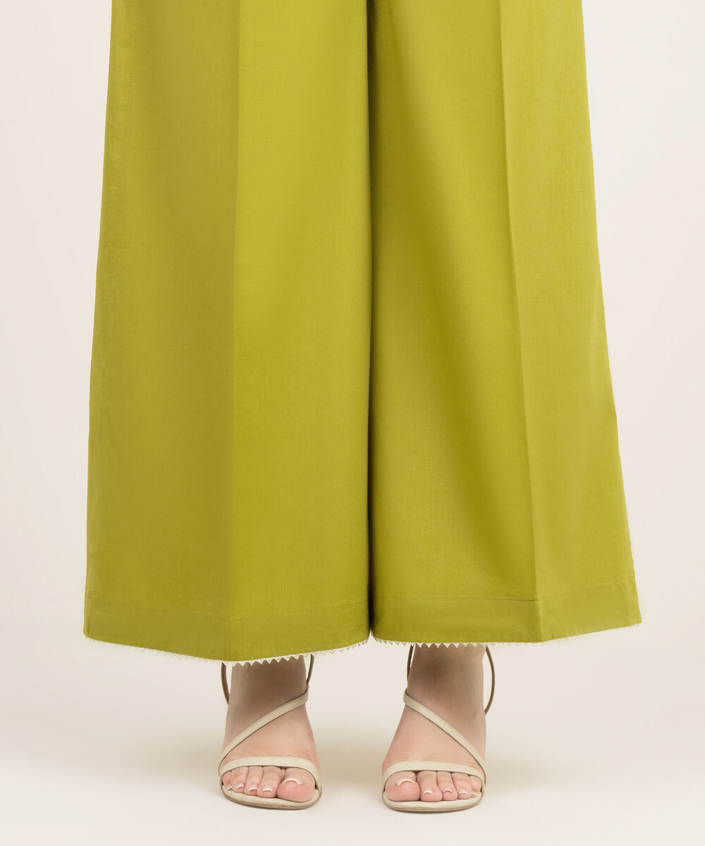 Women's RTW Cotton Viscose Solid Green Flared Pants