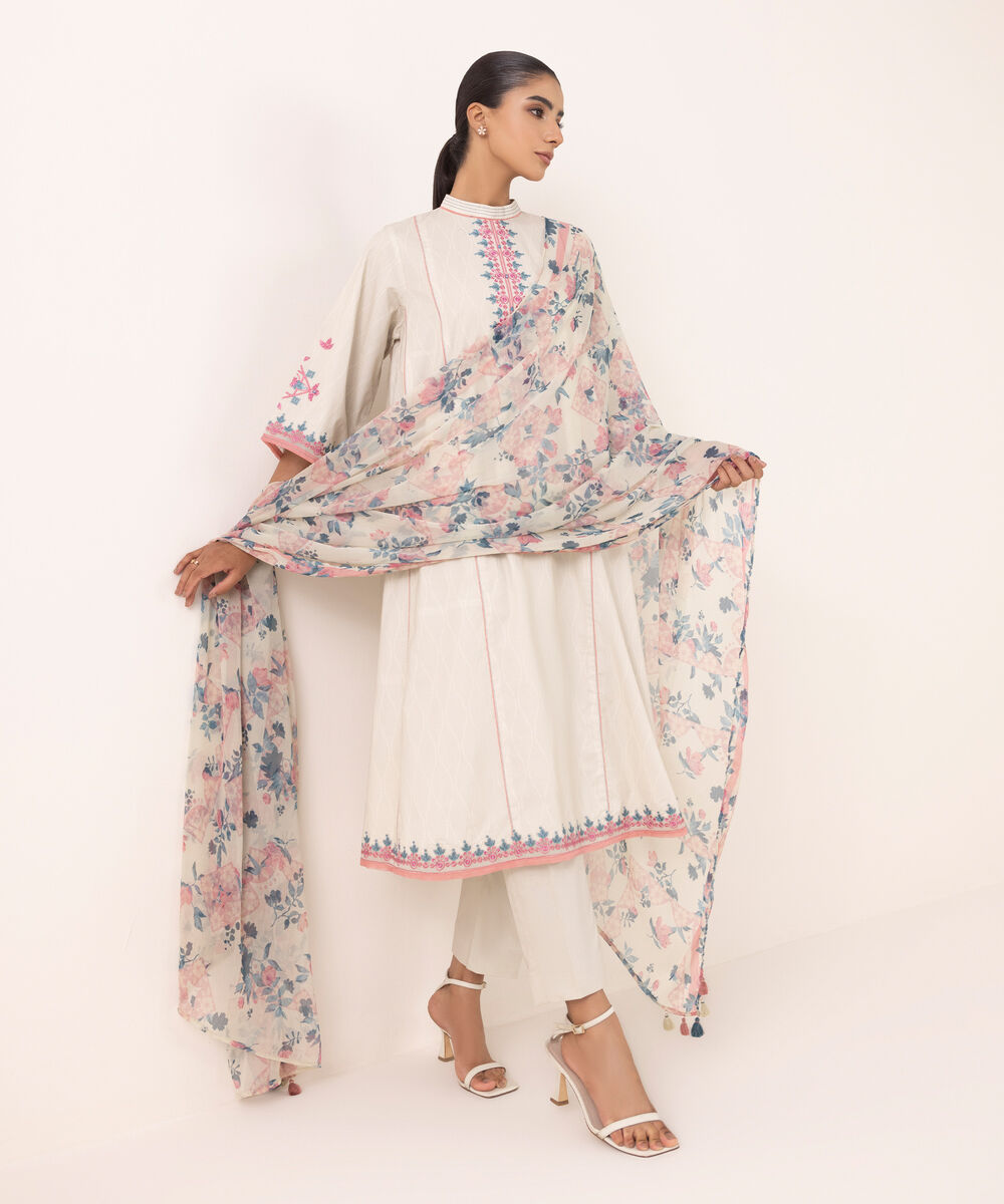 Women's Unstitched Cotton Embroidered Beige Three Piece Suit