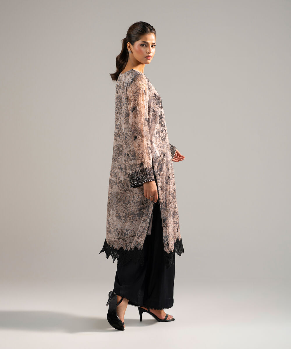 Women's RTW Chiffon Embroidered Grey 2 Piece Suit