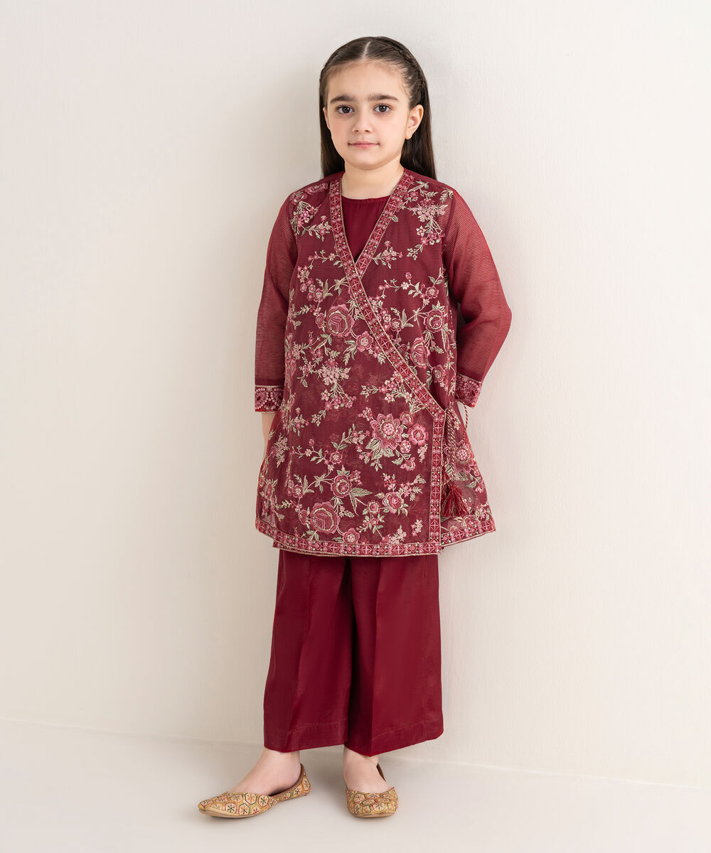 Girl's Blended Textured Karandi Embroidered Red 2 Piece Suit