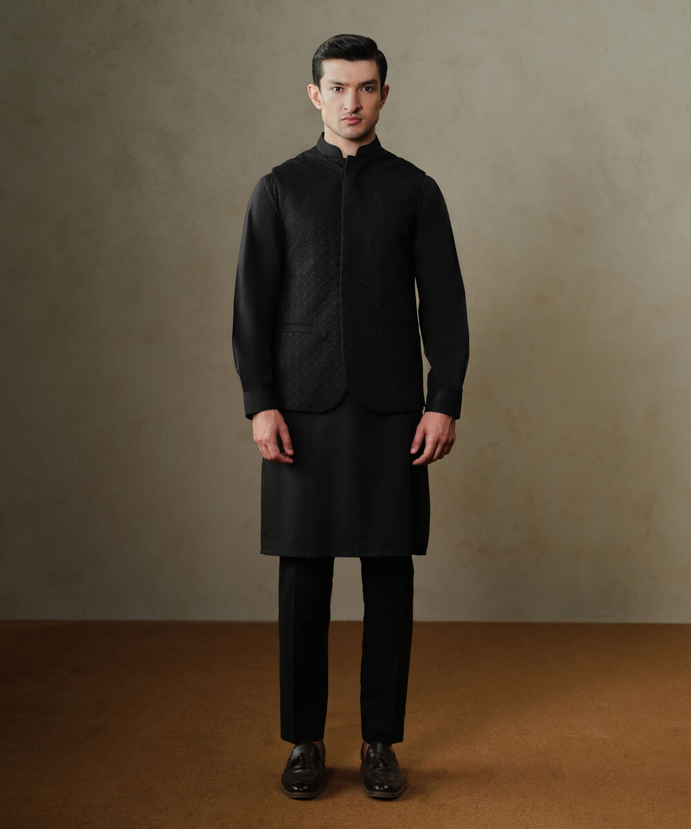 Men's Textured Wash & Wear Embroidered Black Waist Coat