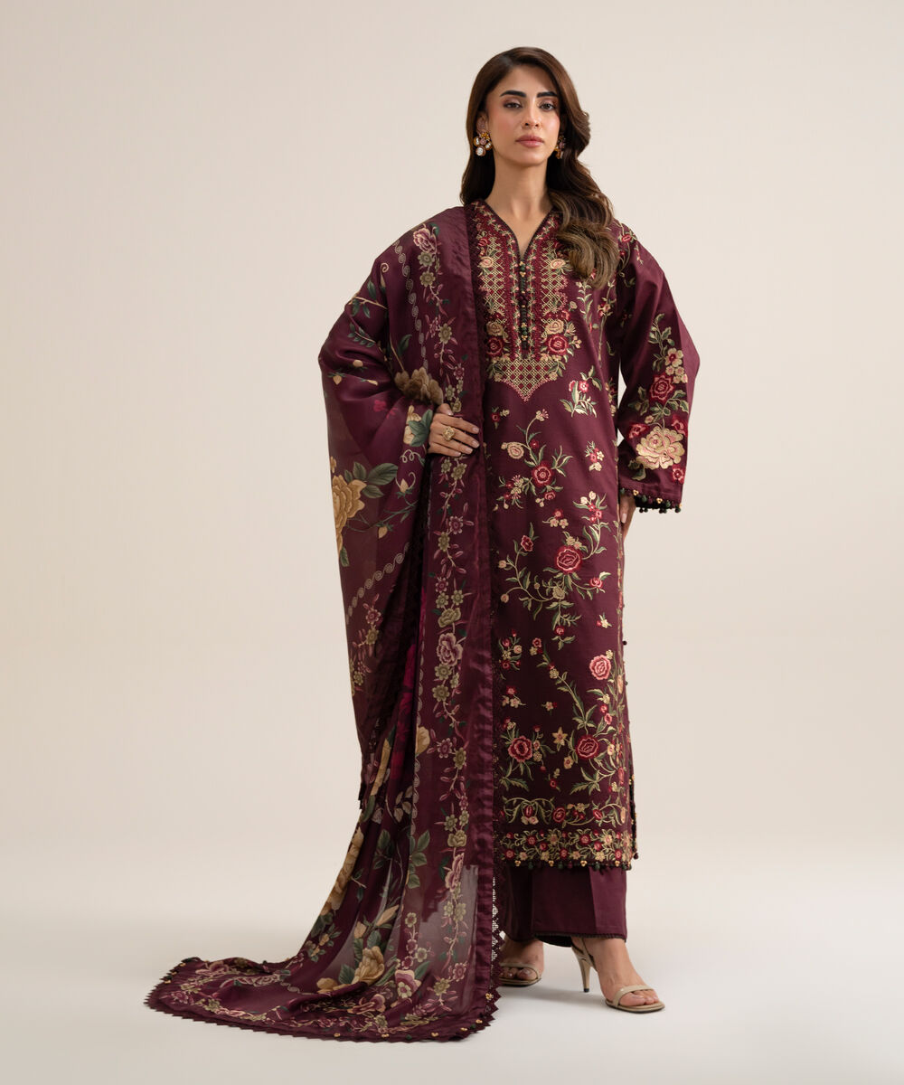 Women's Unstitched Cotton Embroidered Maroon 3 Piece Suit
