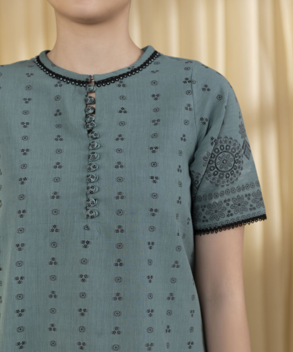 Unstitched Women's Green Extra Weft Jacquard Shirt Trousers