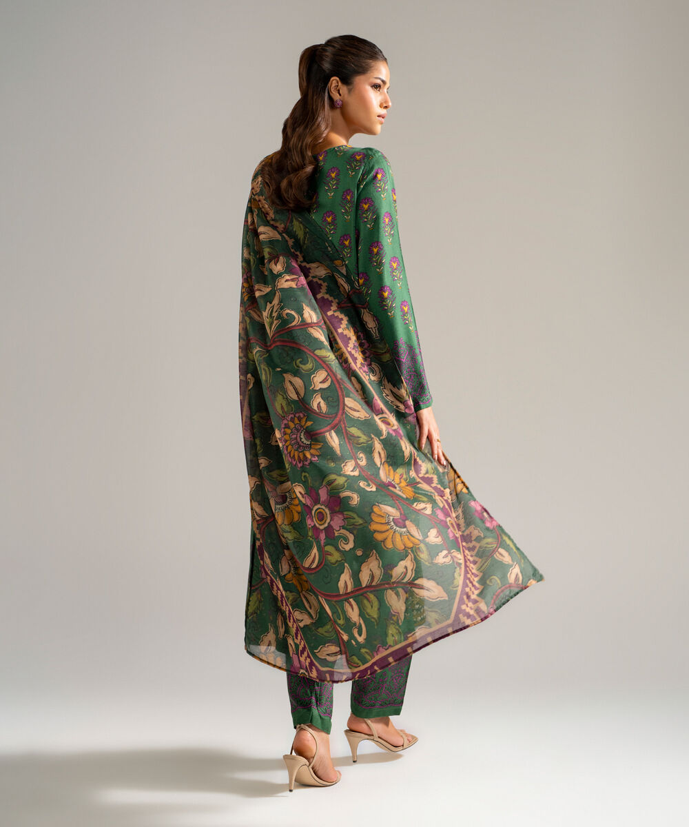 Women's RTW Self Jacquard Embroidered Green 3 Piece Suit