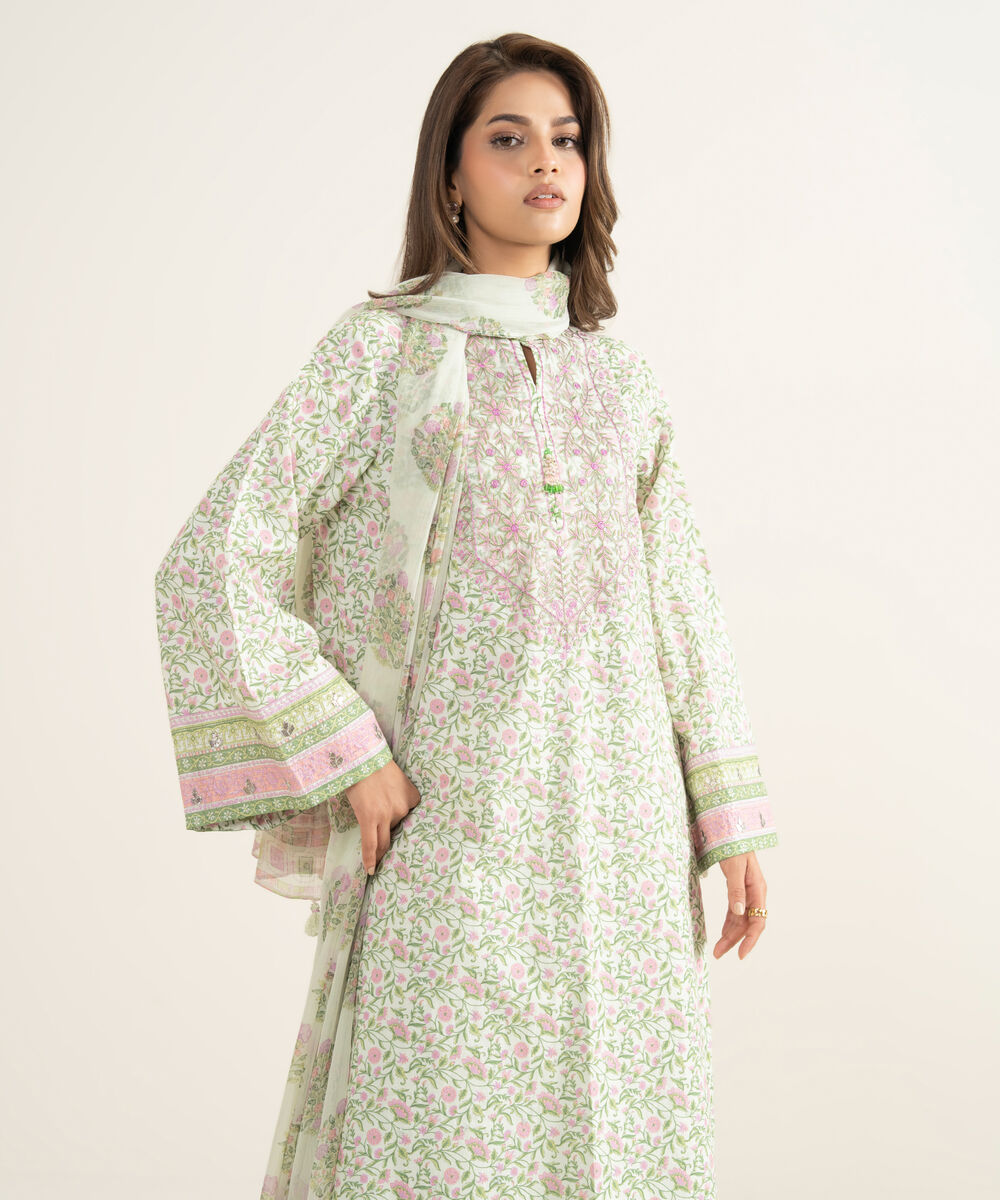 Women's Unstitched Lawn Embroidered Off White 3 Piece Suit