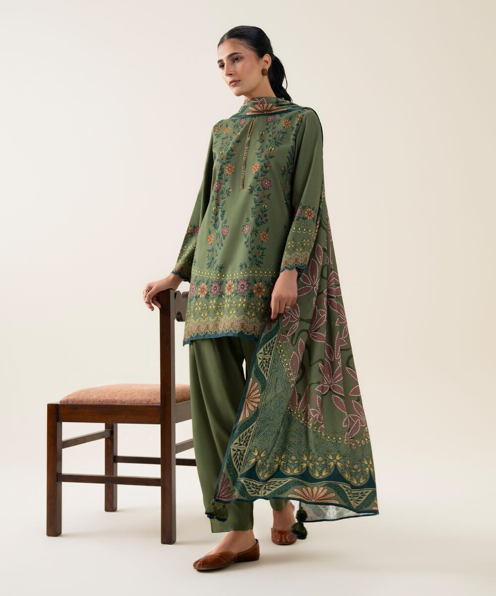 Womens Unstitched Viscose Linen Printed Green 3 Piece Suit