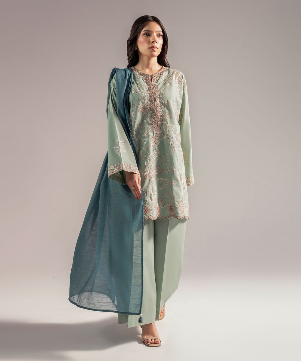Women's RTW Cambric Embroidered Green 3 Piece Suit