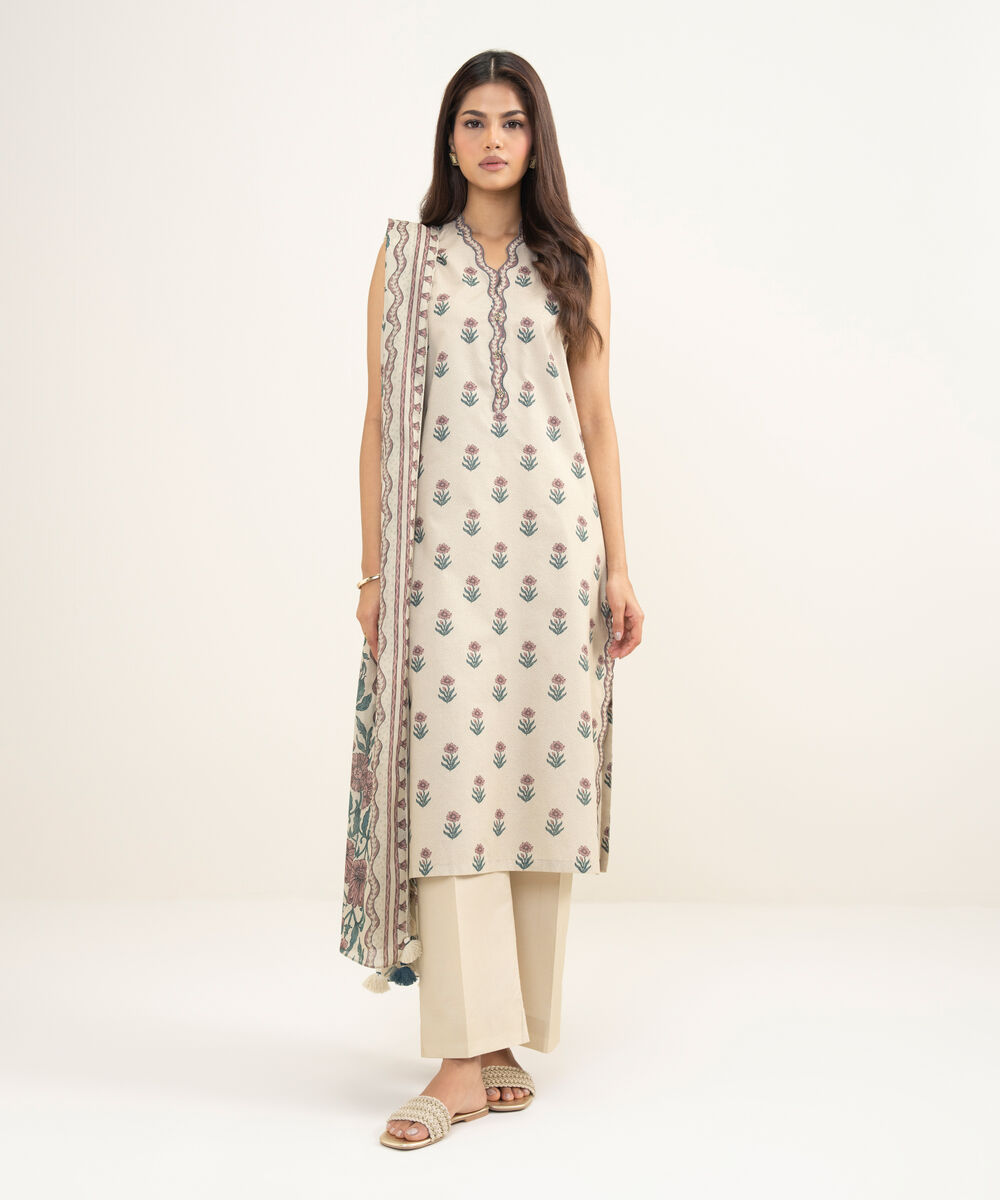 Women's Unstitched Lawn Printed Beige 3 Piece Suit