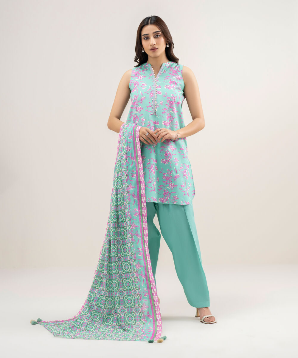 Women's Unstitched Lawn Printed Blue 3 Piece Suit