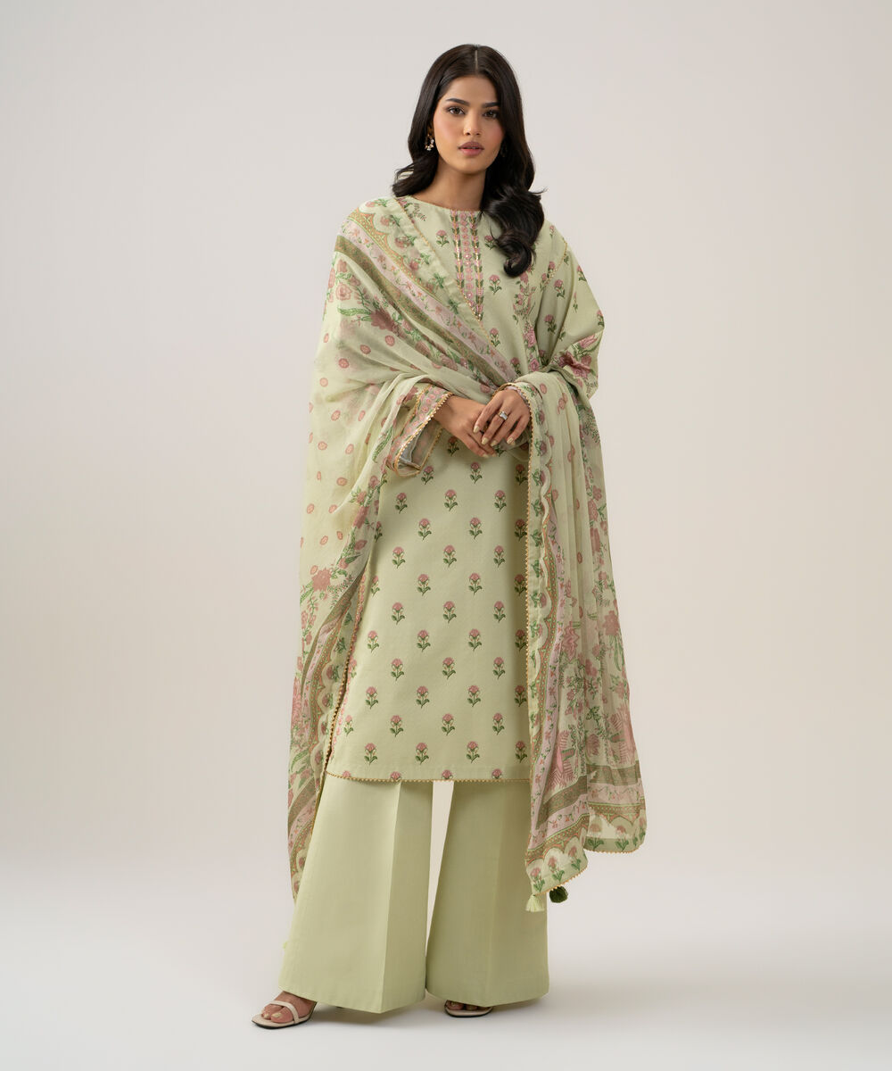 Women's Unstitched Bemberg Tissue Printed Light Green 3 Piece Suit