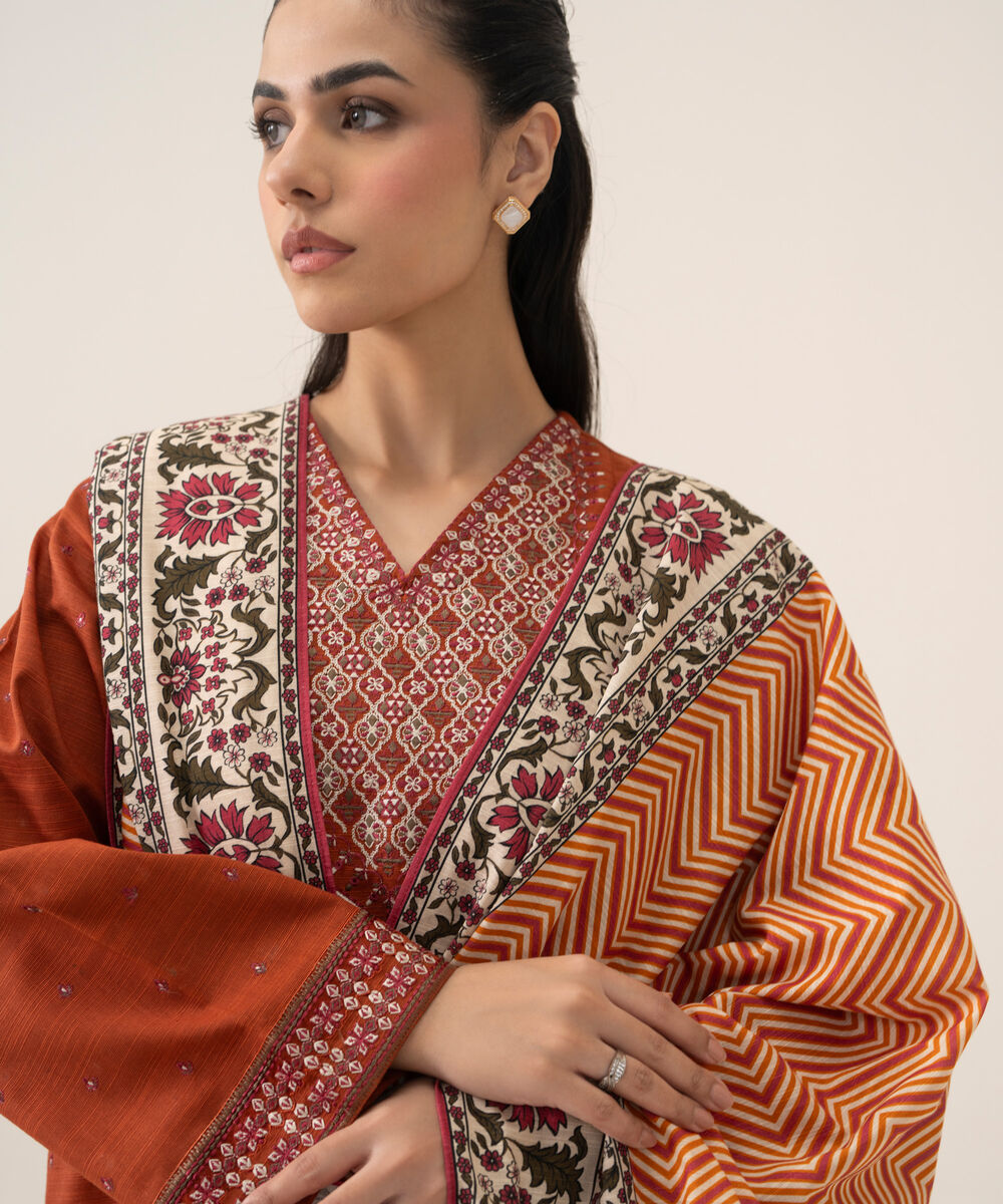 Women's Unstitched Basic Khaddar Embroidered Burnt Orange 3 Piece Suit