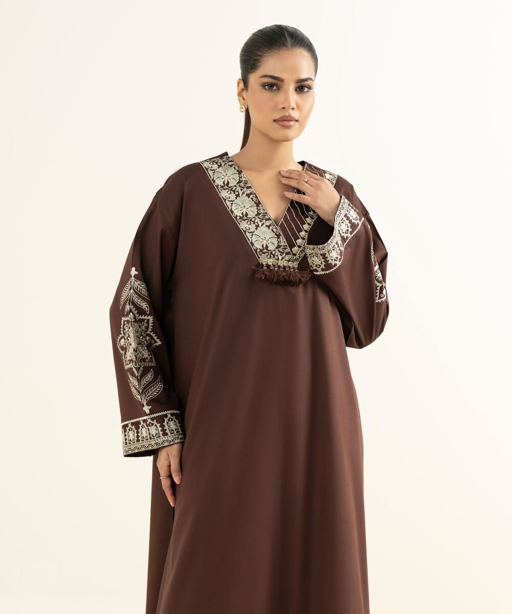 Women's RTW Linen Viscose Embroidered Brown Drop Shoulder Shirt