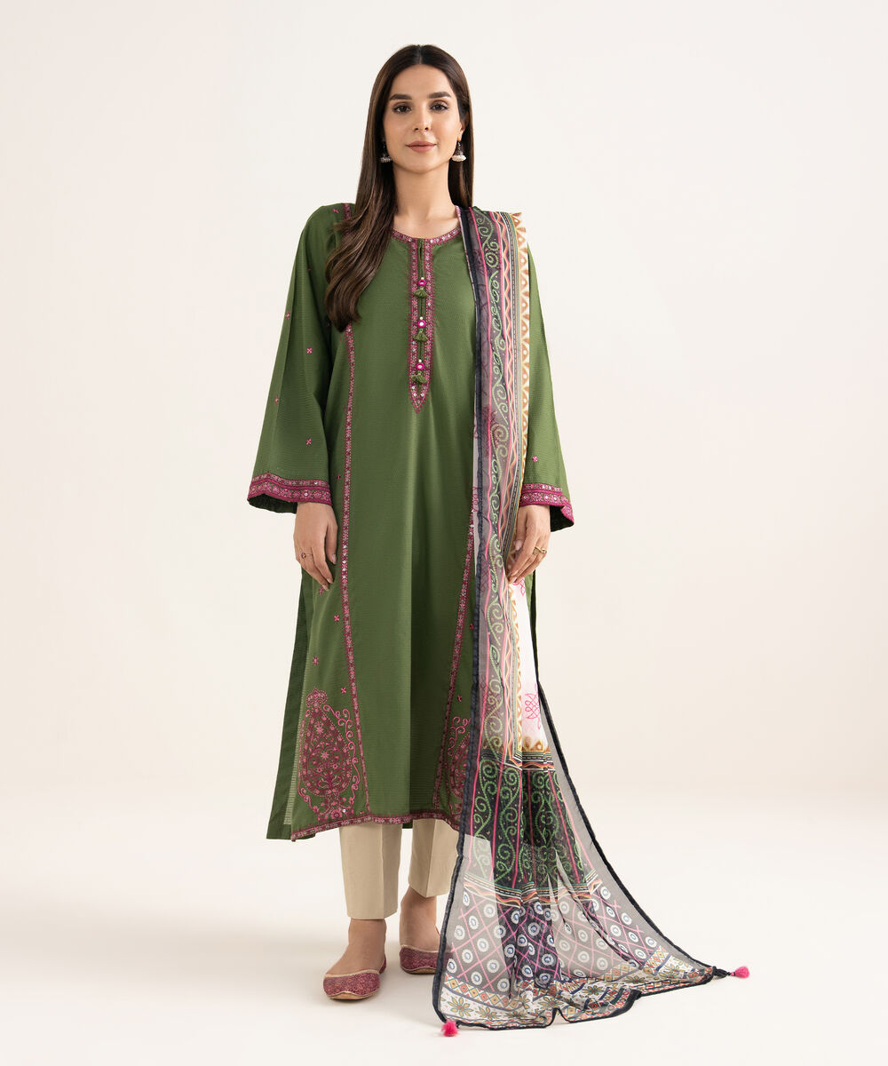 Women's RTW Textured Cotton Green Embroidered A-Line Shirt