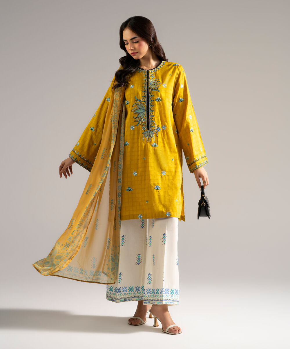 Women's RTW Dobby Embroidered Yellow 3 Piece Suit