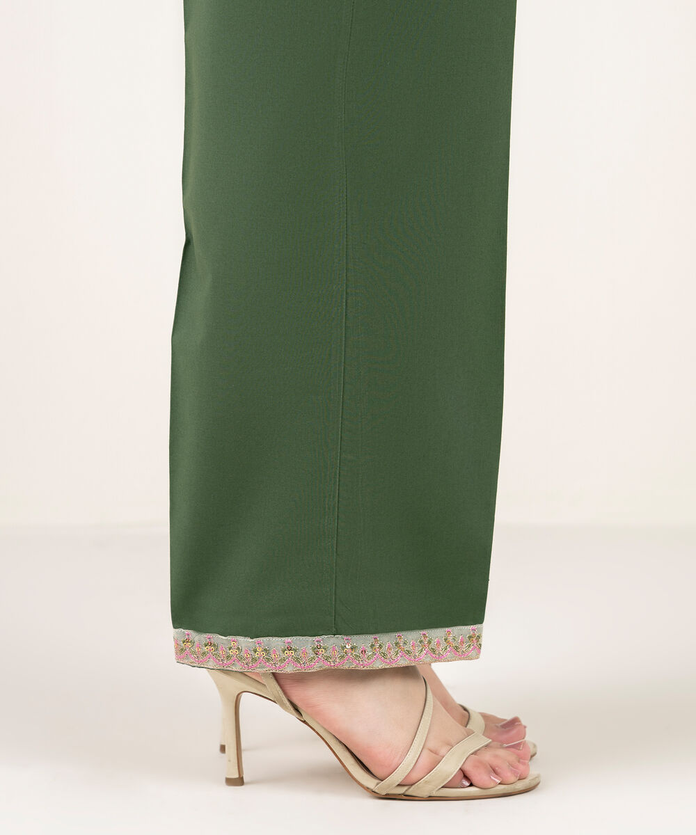Women's RTW Cambric Embroidered Green Straight Pants