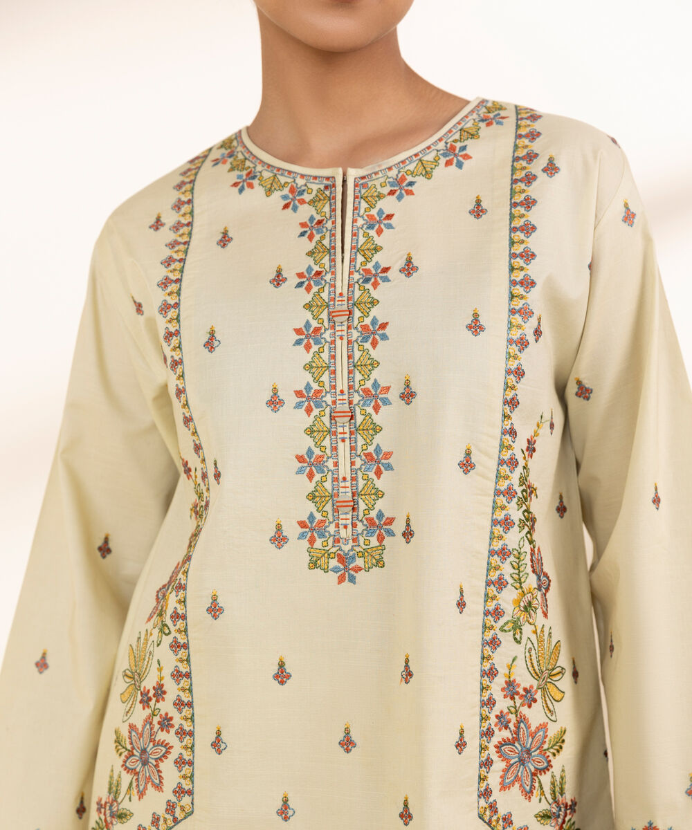 Women's Unstitched Lawn Embroidered Off White 3 Piece Suit