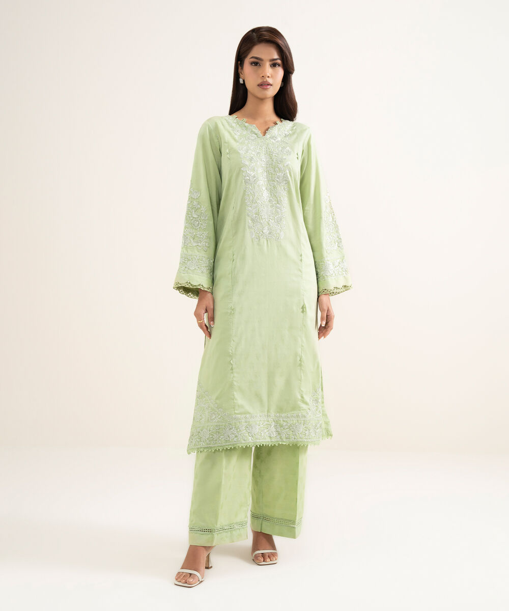 Women's RTW Self Jacquard Embroidered Green A-Line Shirt