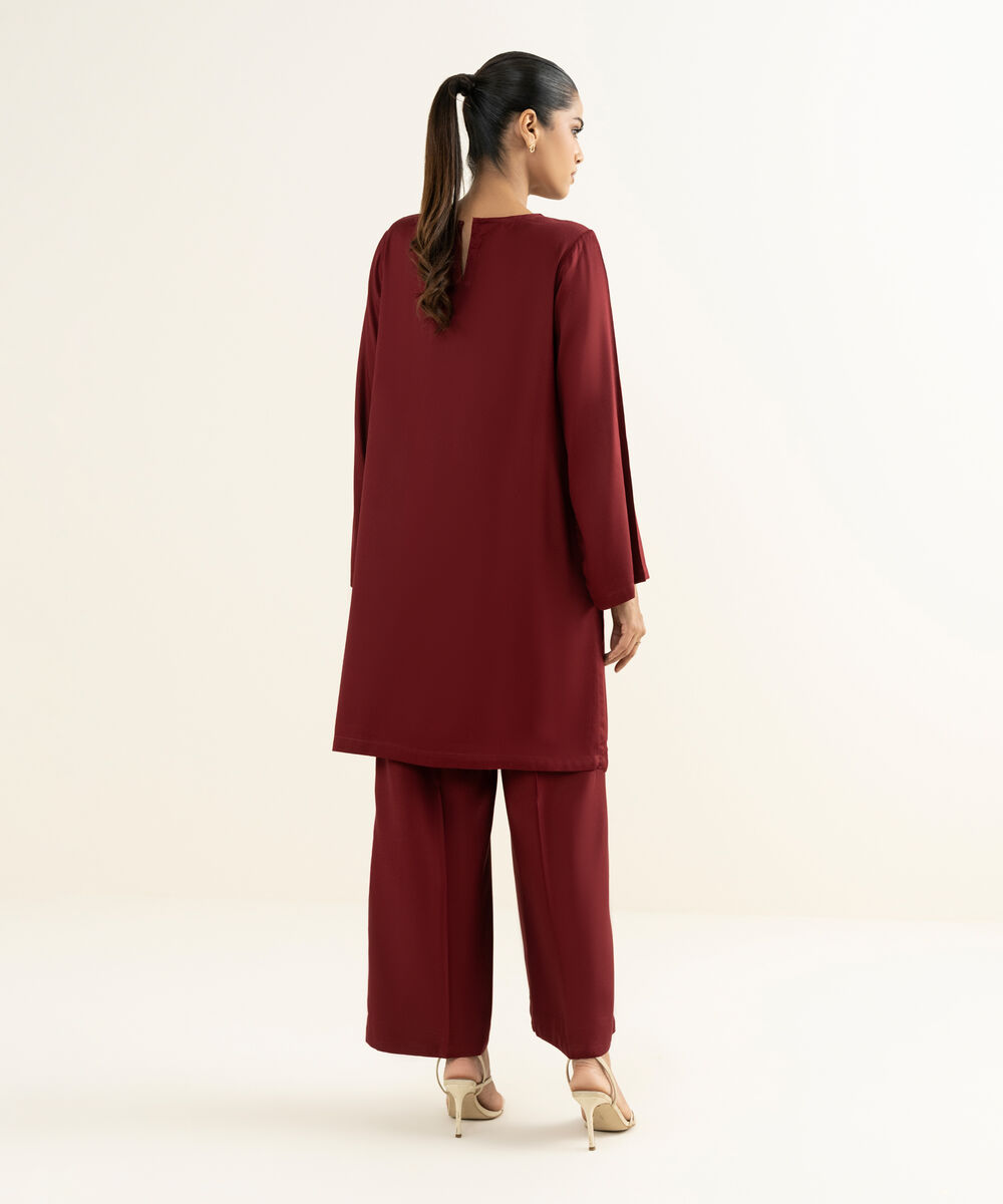 Women's RTW Bedford  Embroidered Maroon Straight Shirt