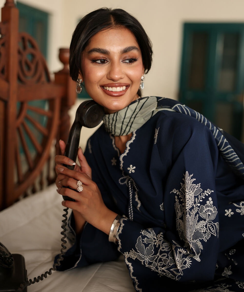 Women's Unstitched Textured Lawn Embroidered Blue 3 Piece Suit