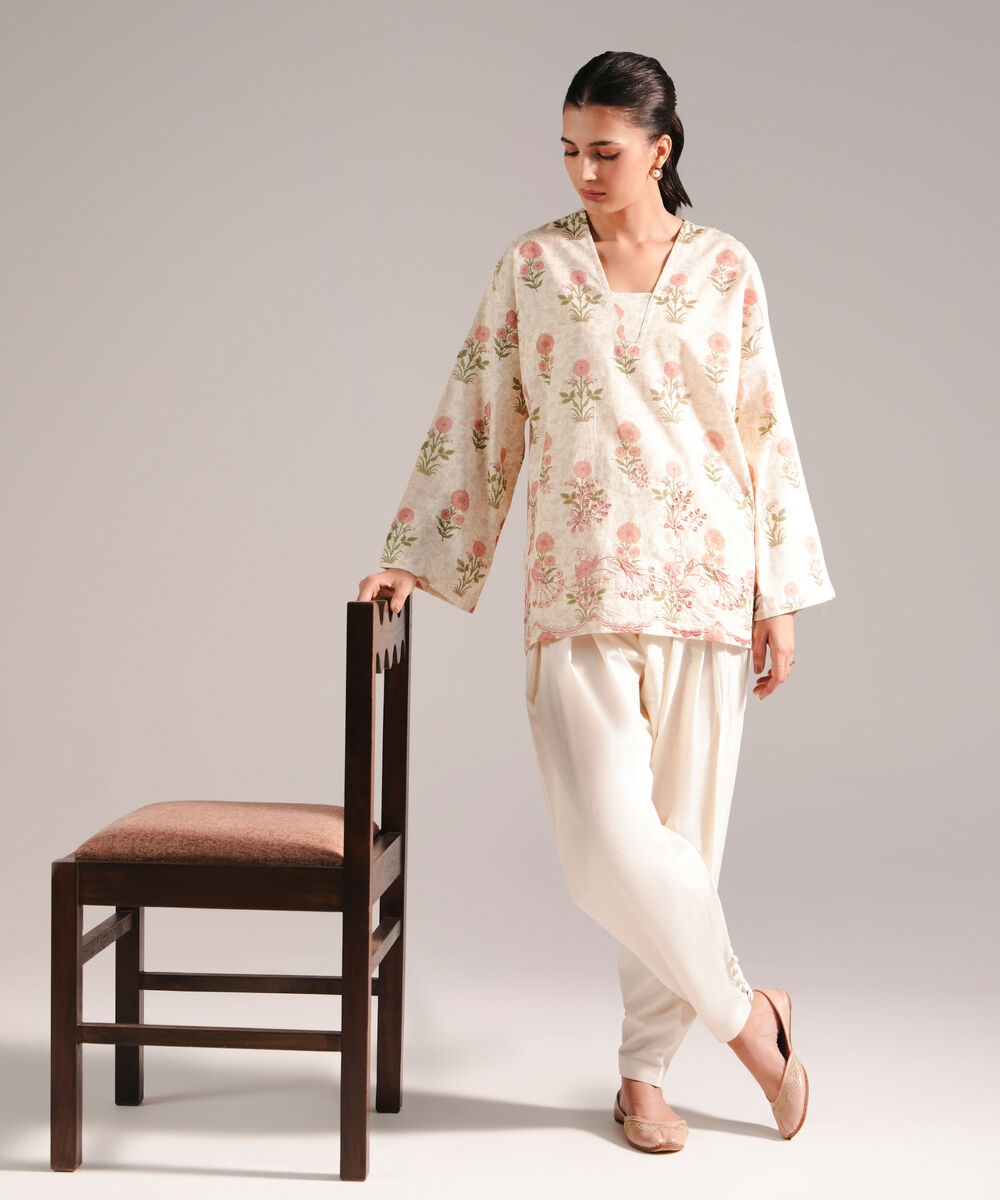 Women's RTW Textured Lawn Embroidered Beige 2 Piece Suit