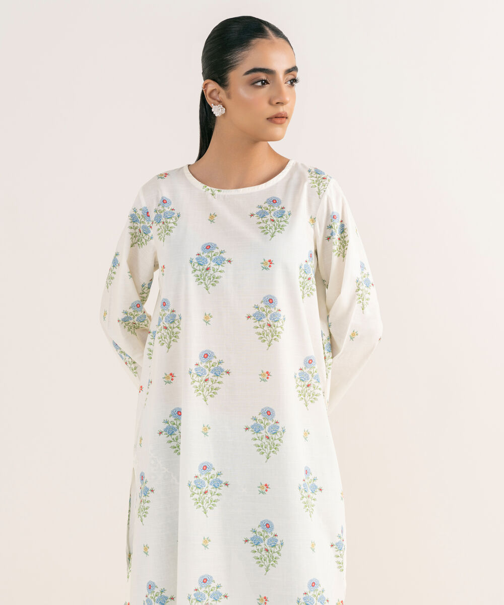 Women's RTW Textured Lawn Off White Printed A-Line Shirt