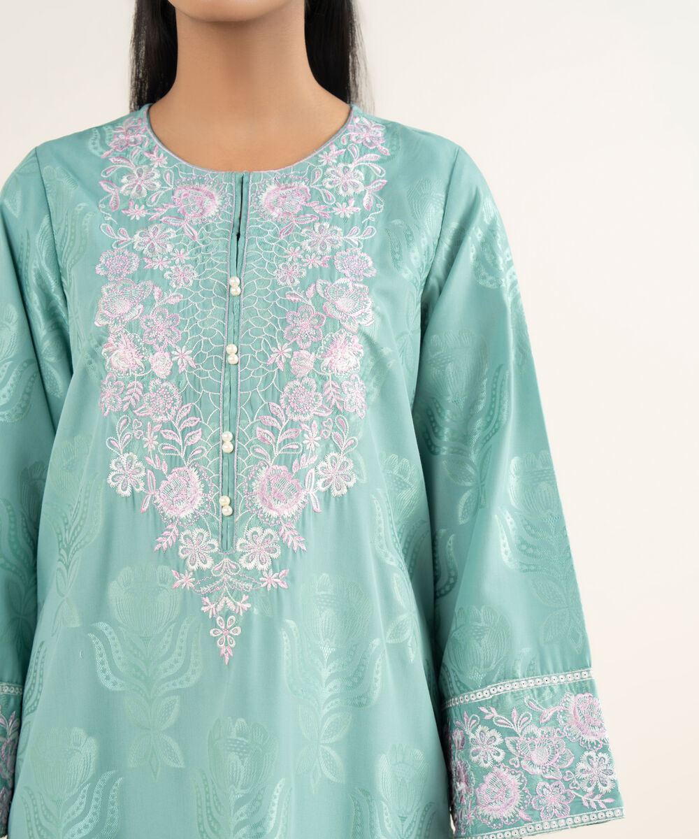 Women's RTW Jacquard Embroidered Blue A-Line Shirt